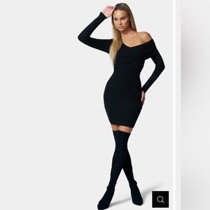 Bebe asymmetrical, off the shoulder black ribbed sweater dress ~ Large
